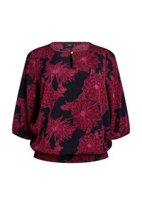 Blouse noire avec un grand motif floral rose, manches 3/4, encolure ronde et ourlet élastique. Présente une ouverture en forme de clé avec un détail de bouton.