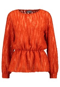 Rotes durchsichtiges Oberteil mit langen Ärmeln, strukturiertem Muster und elastischem Bund. Leichter Stoff sorgt für eine fließende Silhouette.