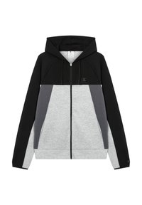 Schwarzer, grauer und hellgrauer Reißverschluss-Hoodie mit gefütterter Kapuze, kontrastierenden Farbblöcken und einem kleinen Logo auf der Brust. Weicher Stoff.