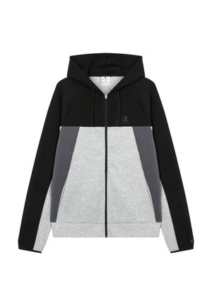 Schwarzer, grauer und hellgrauer Reißverschluss-Hoodie mit gefütterter Kapuze, kontrastierenden Farbblöcken und einem kleinen Logo auf der Brust. Weicher Stoff.