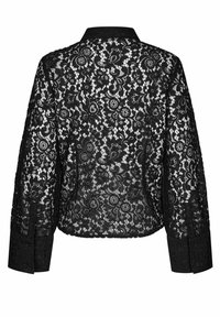 Zwarte lange mouwen kant blouse met bloemmotieven, met knoopmanchetten en een effen kraag, van achteren getoond op een witte achtergrond.