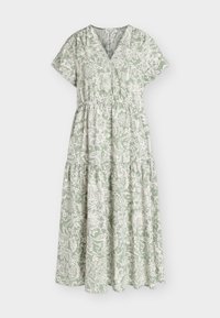 Robe midi vert clair avec motif floral blanc, manches courtes, col en V, taille froncée et jupe à volants.
