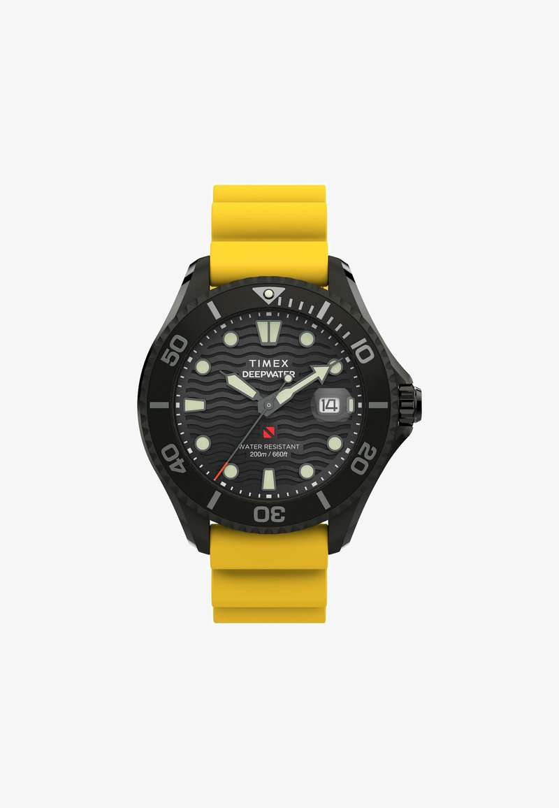 Timex Deepwater watch with a black case, yellow silicone strap, black wave-pattern dial, luminescent markers, and date display. Water-resistant to 200m.
