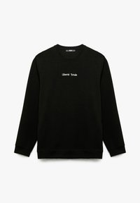 Sudadera negra de manga larga, con cuello redondo y texto bordado en blanco "Liberté Totale" en el frente. Material suave, diseño casual.