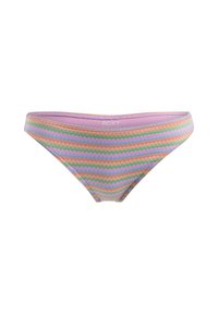 Bas de bikini à motifs dans des nuances de rose, vert et bleu avec un design en zigzag. Fabriqué en tissu extensible avec une finition lisse.