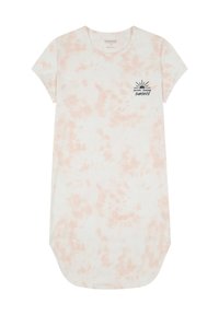 Jasnoróżowa i biała sukienka t-shirt z efektem tie-dye, wykonana z organicznej bawełny, z krótkimi rękawami i zaokrąglonym dołem. Nadrukowany tekst na klatce piersiowej.