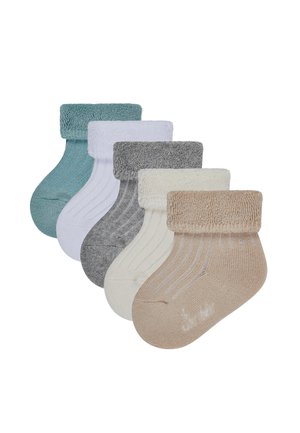 Set of five pairs of socks in varied colors: teal, white, gray, ivory, and tan. Each has a ribbed cuff and soft texture.