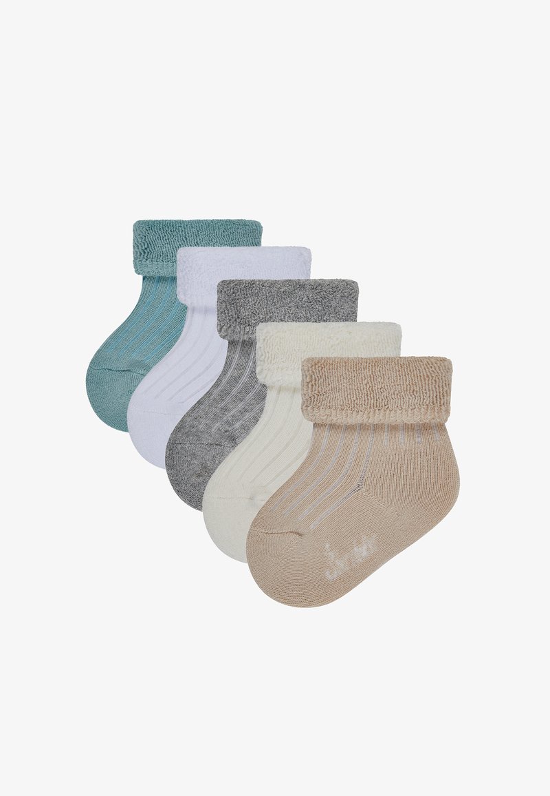 Set von fünf Paar Socken in verschiedenen Farben: Türkis, Weiß, Grau, Elfenbein und Beige. Jede hat einen gerippten Bündchen und eine weiche Textur.