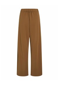Brown, wide-leg pants made of soft, lightweight material with an elastic waistband. The design features no visible fasteners or decorations.