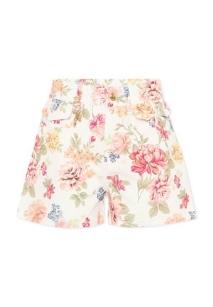 Short blanc taille haute avec imprimé floral multicolore, fermeture par bouton doré, poches avant et un petit charm doré attaché à la ceinture.