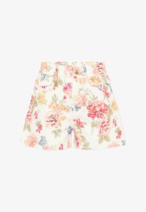 Białe szorty z wysokim stanem z wielokolorowym kwiatowym nadrukiem, złotym zapięciem na guzik, przednimi kieszeniami i małym złotym zawieszką przymocowaną do talii.