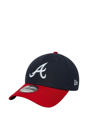 Baseball cap with a navy blue crown, red curved brim, and white embroidered letter A on front.