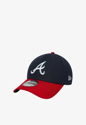 Baseball cap with a navy blue crown, red curved brim, and white embroidered letter A on front.