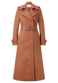 Dlouhý hnědý trenčkot z texturovaného materiálu, s dvouřadým zapínáním, páskem v oblasti pasu a velkým límcem s charakteristickými knoflíky.