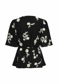 Blouse noire avec broderie florale blanche, manches courtes bouffantes, taille cintrée et ourlet légèrement évasé, vue de dos.