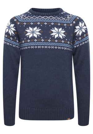 Tumed sinine kudumisest soe kampsun, ümmarguse kaelusega, millel on valged lumehelbe mustrid ja pruun/kirjud triibud ülaosas. Tekstuuriga kangas.