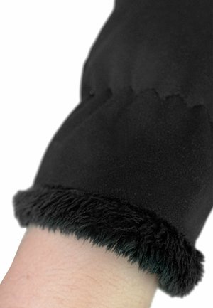 Schwarze Handschuhe mit einem weichen, pelzigen Bund. Das Material wirkt texturiert, mit einem glatten Körper und einem leicht fransigen Rand an der Spitze.