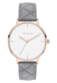 Montre à cadran blanc rond avec boîtier en or rose. Le bracelet en cuir gris présente un motif embossé et des coutures contrastées. Design minimaliste, aiguilles fines.