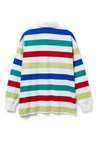 Polokošile s dlouhým rukávem s horizontálními pruhy v červené, zelené, modré a žluté barvě na bílém podkladu, s klasickým límečkem a žebrovanými manžetami.