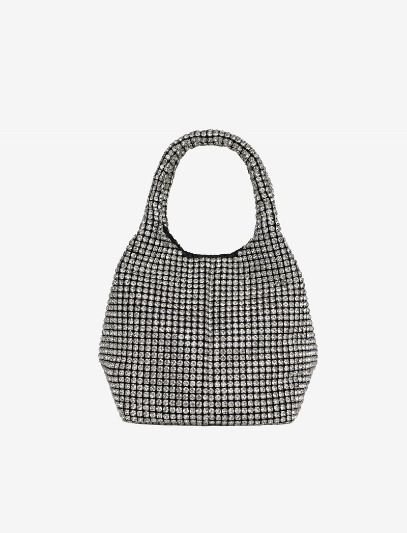 Czarna torebka pokryta srebrnymi kryształkami, z zaokrąglonym uchwytem, miękką fakturą i przestronnym kształtem. Błyszcząca powierzchnia z wzorem w kratę.