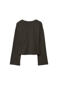 Donkergrijze cropped longsleeve met een ronde hals en brede mouwen, gemaakt van zacht katoenmateriaal met een relaxte pasvorm.