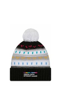 Berretto lavorato a maglia con risvolto nero, strisce orizzontali multicolori in grigio, bianco e blu, coronato da un pom-pom bianco e una toppa con il logo.