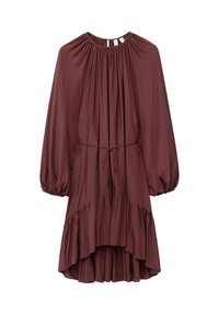Bordeauxrotes Kleid aus weichem Stoff, mit einem gerafften Ausschnitt, langen Puffärmeln und einem schichtweisen Rüschensaum sowie einem verstellbaren Bindegürtel.