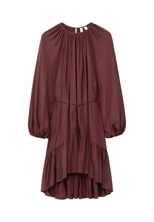 Maroon dress made of soft fabric, featuring a gathered neckline, long puff sleeves, and a tiered ruffle hem with an adjustable tie waist.