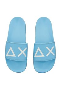 Blue slide sandals made of synthetic material, featuring a wide strap with white geometric designs: a triangle, a cross, and another triangle.