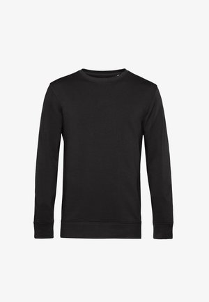 Černá mikina s dlouhým rukávem vyrobená z měkké látky. Obsahuje kulatý výstřih, žebrované manžety a jednoduchý design bez vzorů nebo ozdob.