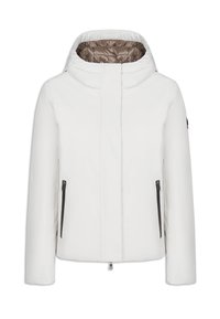 Biała ocieplana kurtka z wysokim kołnierzem, srebrnymi detalami, dwiema zamykanymi na zamek kieszeniami po bokach oraz brązową pikowaną podszewką.