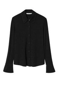 Chemise noire à manches longues avec boutons, col pointu et poignets évasés, design simple et tissu lisse.