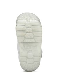 Witte rubberen schoenzool met gestructureerde grippatronen, hexagonale en rechthoekige vormen, en het merklogo "Falcotto" in het midden geperst.