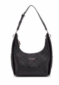 Borsa sintetica nera con silhouette curva, motivo impresso, accessori in argento e chiusura superiore con zip. Presenta una tracolla removibile.