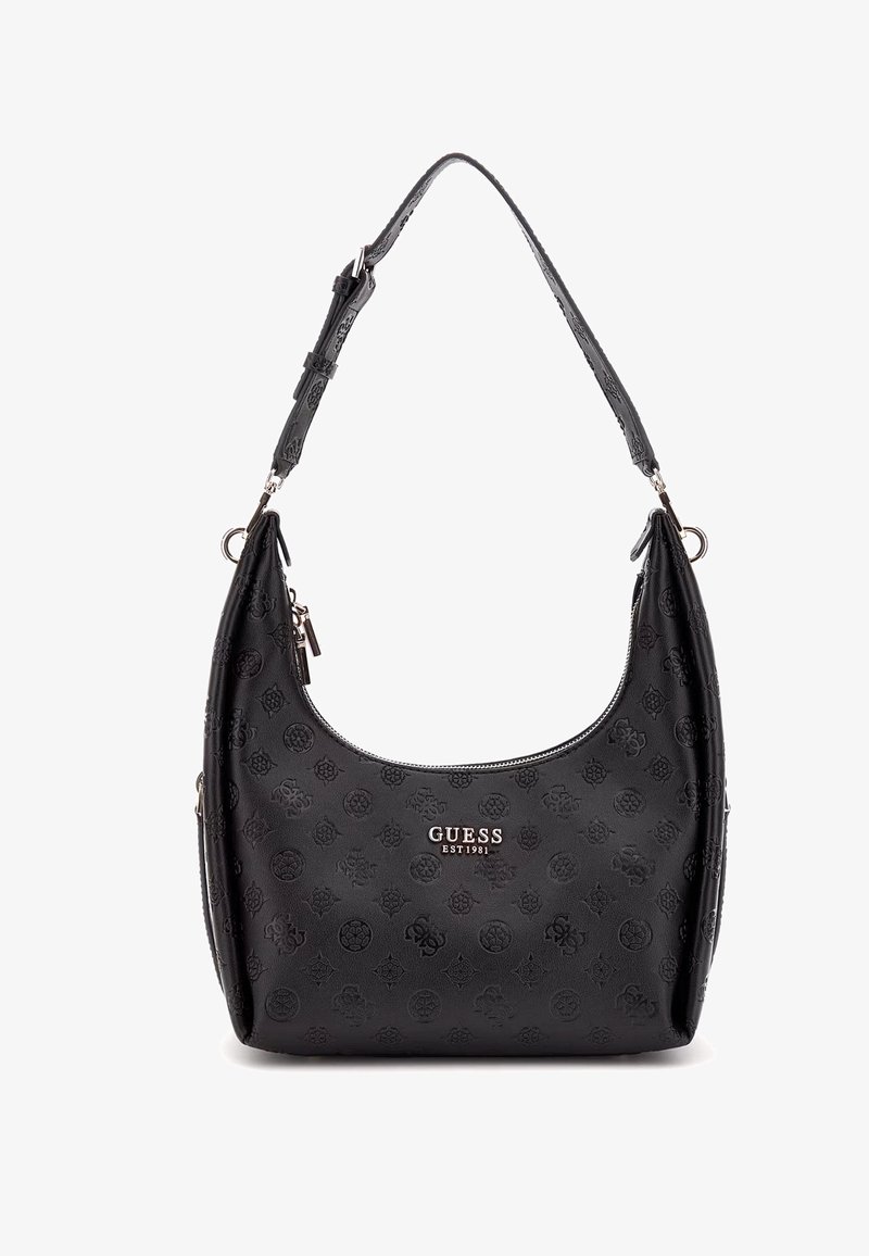 Borsa sintetica nera con silhouette curva, motivo impresso, accessori in argento e chiusura superiore con zip. Presenta una tracolla removibile.