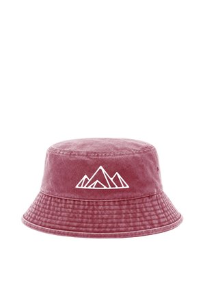 Rosa Bucket Hat mit einem weißen Berggrafik vorne, aus strukturiertem Stoff mit abgestepptem Rand gefertigt.