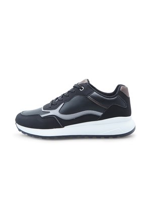 Black athletic shoes featuring a smooth synthetic upper, gray accents, and a white midsole with textured black outsole.