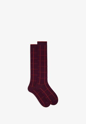Burgundy knee-high socks with red grid pattern, made of soft, stretchy material. Features reinforced toe and heel for durability.