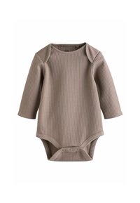 Body z d�ługim rękawem, w miękkim odcieniu taupe, wykonany z gładkiego materiału. Posiada okrągły dekolt oraz zapięcia na napy na dole, ułatwiające zakładanie.