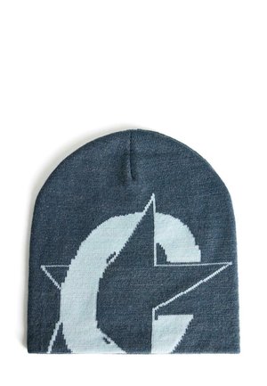 Knit beanie in dark blue with a large white logo design featuring a stylized letter "C" and a star pattern. Soft texture, fitted shape.
