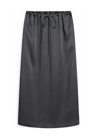 Jupe noire longueur genou en tissu lisse avec une ceinture élastique et un cordon de serrage. Design simple, sans motifs ni accents.