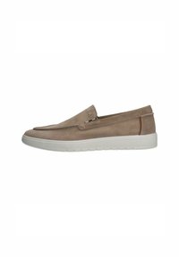 Light brown slip-on shoes made of suede, featuring a flat white rubber sole and a decorative stitch along the front.