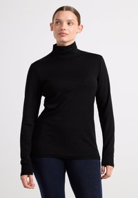 Sort langærmet turtleneck skjorte lavet af glat stof, med en tætsiddende design og minimale sømme samt en blød, strækbar tekstur.