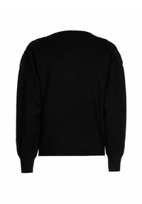 Pull en tricot noir à manches longues, col arrondi et détails texturés sur les épaules. Matière douce avec poignets et ourlet côtelés.