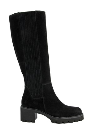 Stivale in suede nero a metà polpaccio con dettagli di cucitura verticale, una finitura testurizzata e una suola in gomma nera spessa per una migliore aderenza.