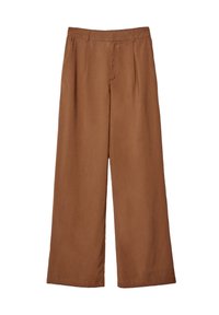 Brown wide-leg trousers made from a smooth fabric, featuring a high waist, front pleats, and no visible pockets or embellishments.