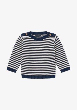 Pull bébé rayé bleu marine et blanc en maille, manches longues, avec boutons sur l'épaule et poignets et ourlet côtelés.