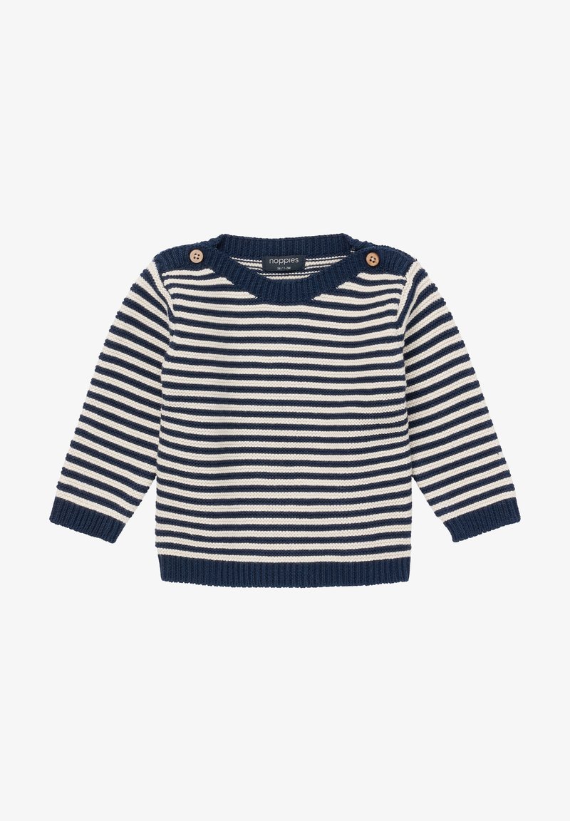 Pull bébé rayé bleu marine et blanc en maille, manches longues, avec boutons sur l'épaule et poignets et ourlet côtelés.