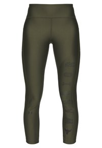 Olive green leggings made of smooth, stretchy material. Features 'WARRIOR' text and a graphic logo on the left side.