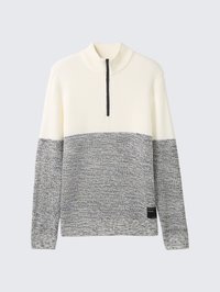 Pullover sweater in cream and gray, featuring a high collar, half-zip front, textured knit, and ribbed cuffs and hem.